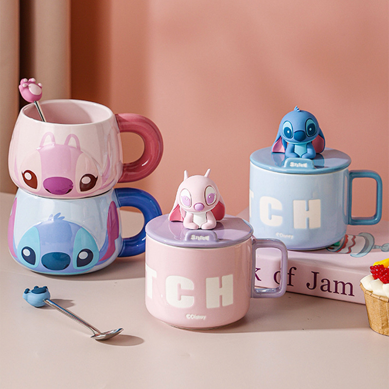 Stilwell Ceramic Cup Large Capacity Mug with Lid and Spoon Water Cup Cartoon Couple Coffee Cup Portable Gift Box