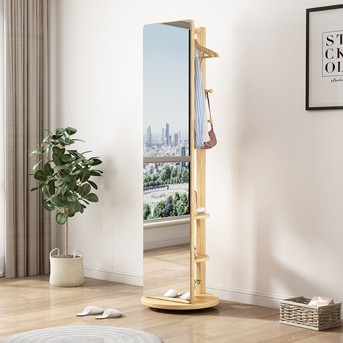 Nordic solid wood floor-standing rotating full-length mirror with integrated wardrobe and hanging rack, modern minimalist home use bedroom dressing mirror and hanger