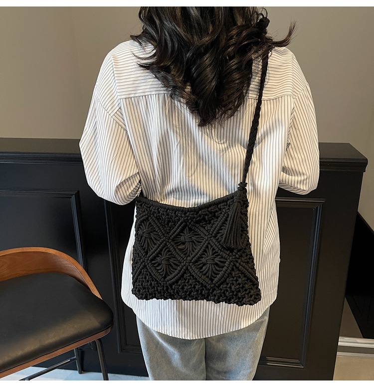 177g Weight Polyester Cotton Lining Material Weave, Hollow Fashion Element Zipper Closure Type Single Shoulder Strap Strap Type Shoulder Bag Bags Type Casual Occasion cotton rope Material Solid Color Pattern All Seasons Season Women's Gender Vacation Style Square Shape Women's Cotton Rope Solid Color Vacation Weave Hollow Square Zipper Shoulder Bag 7