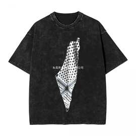 Kufiya T恤地图印花潮人T恤短袖复古上衣夏季休闲圆领超大顶T恤