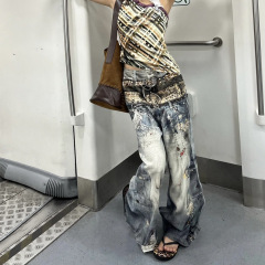 美式街头复古设计感3D立体印花牛仔裤子女街头朋克风潮流拖地长裤