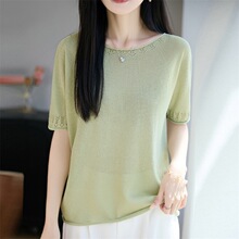 2026年春夏新款珍珠麻一线成衣卷边圆领针织衫短袖女镂空纯色T恤