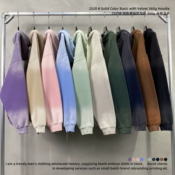 High Street Men's Fashion Brand Washed Spray-Dyed Gradient Color Distressed 360g Hooded Off-Shoulder Mouse Pocket Polar Fleece Warm Sweatshirt