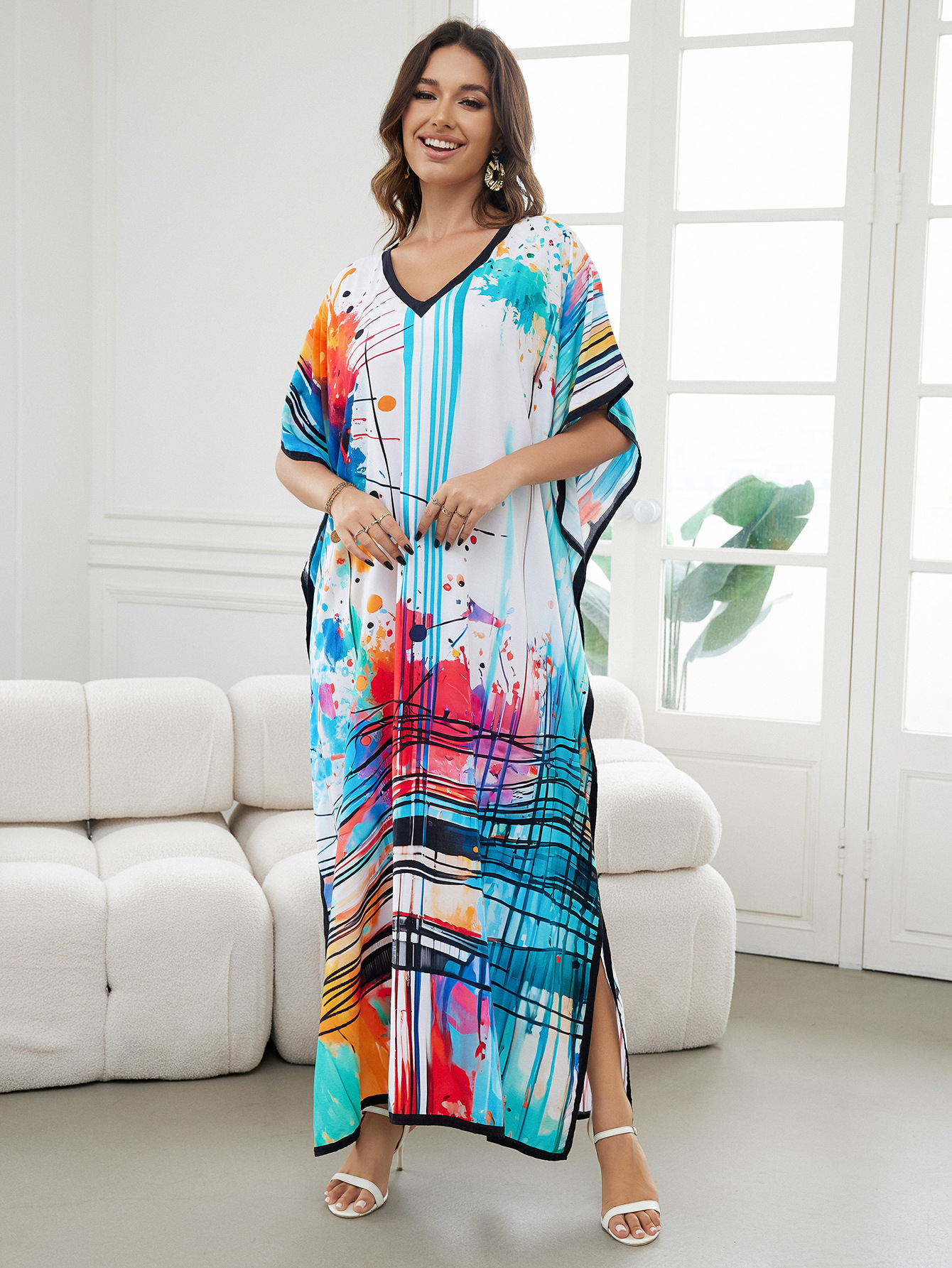 Rochie de plajă lungă kimono dama boho viscoză tie-dye_voghion.com
