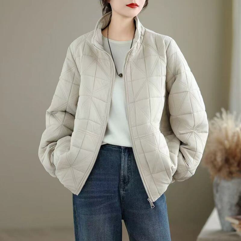 夹棉压格棉衣 2025秋冬季新款 时尚纯色立领宽松棉服外套女61076|undefined