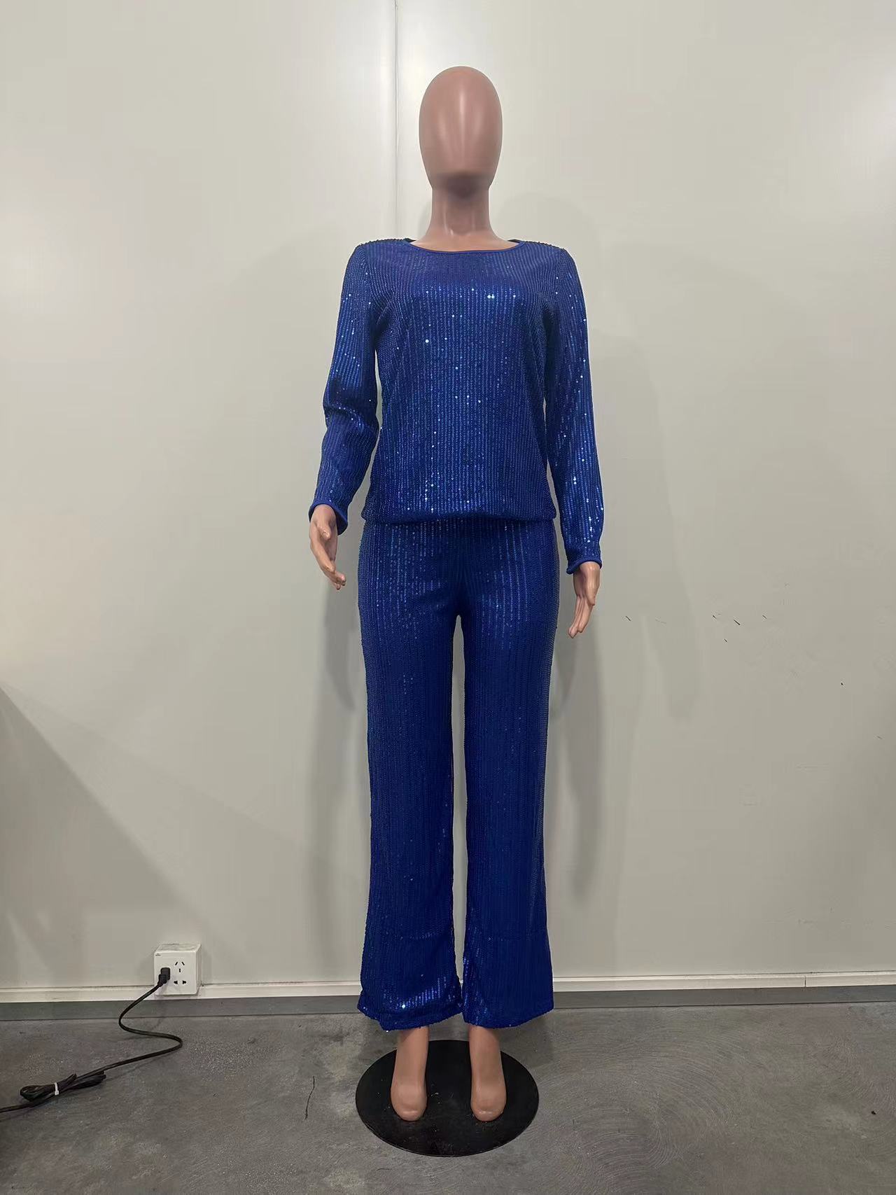 Women's Clothing new sequined solid color long sleeved trousers two piece set_voghion.com