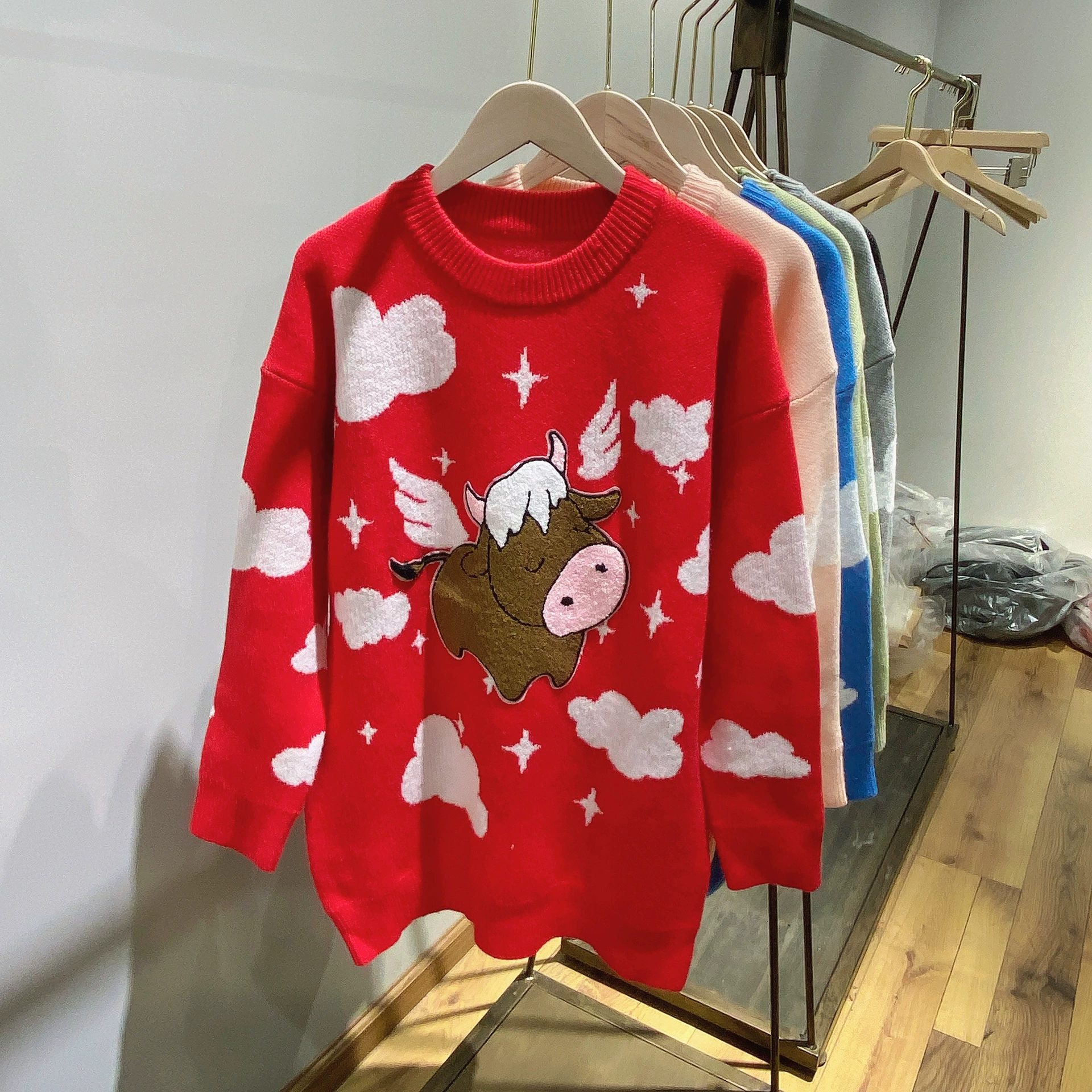 0042 теленок свитер вышивка животных узор жаккардовый шерстяной трикотаж