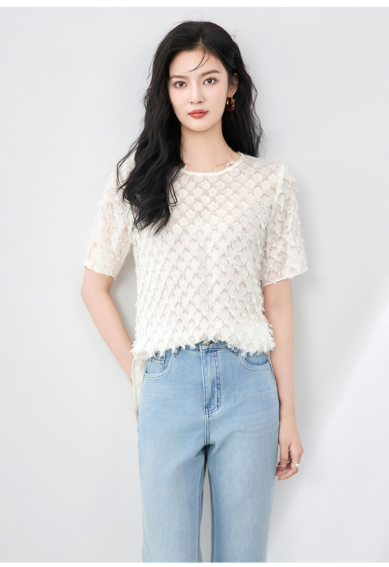Áo thun lụa hoa cổ tròn thanh lịch đi làm mùa hè nữ phong cách rộng rãi — Màu đen chi tiết 18