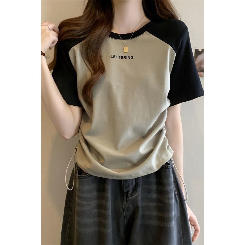 拼接撞色短袖T恤女夏季2025新款女装设计感宽松显瘦大码上衣女ins