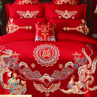 Pure Cotton Wedding Red Four-Piece Embroidered Wedding Dowry Quilt Festive New House Dragon and Phoenix Bed C^