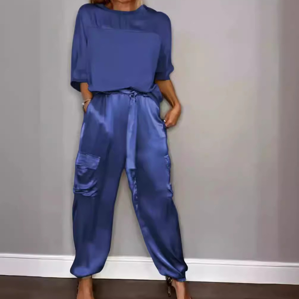 Ensemble deux pièces en Satin lisse pour femmes, couleur unie, manches 5/4, nouvelle mode printemps et automne_voghion.com