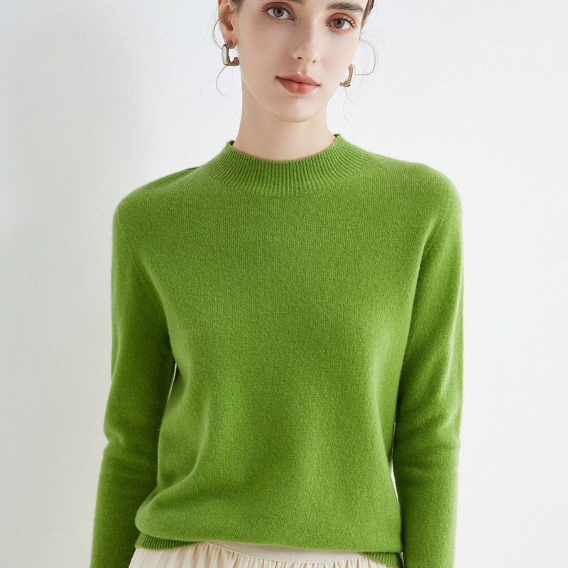 Ropa de primera línea medio cuello alto 100 suéter de lana pura suéter de color sólido de las mujeres camisa de fondo de punto del todo fósforo