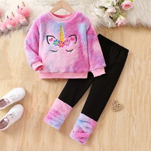 女童秋冬款毛毛加厚套装卡通刺绣圆领上衣堆堆裤两件套套装欧美