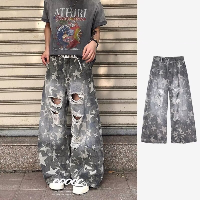 Herrenbekleidung Amerikanische Retro-Jeans im Used-Look mit Camouflage-Muster, locker geschnitten, weit geschnitten, lässige Hose im Streetstyle, geschwungene Kanten_voghion.com