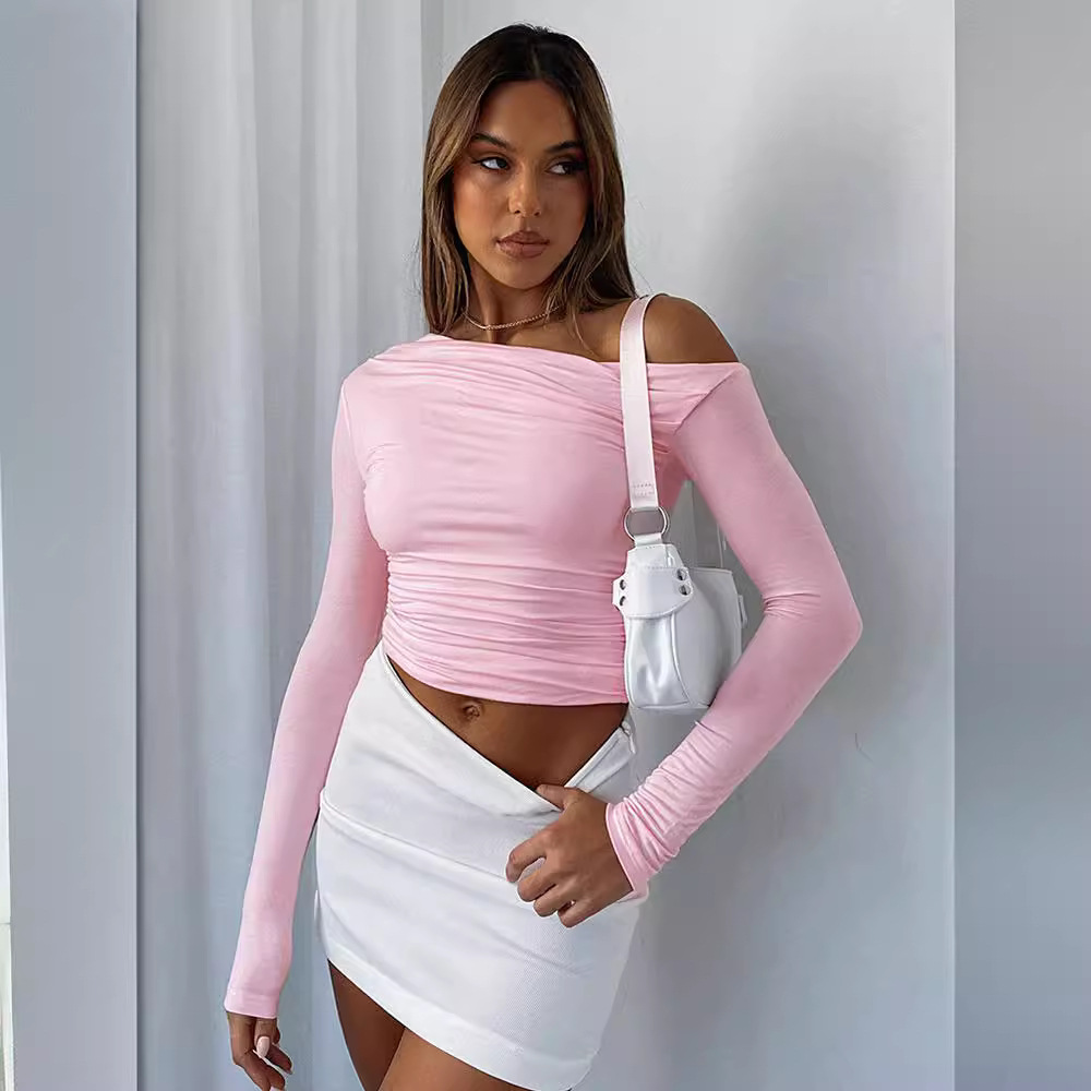 Off-Shoulder Asymmetric Crop Top For Women – Stretchy Polyester-Spandex Blend, Bodycon Fit, Long Sleeve Sexy T-Shirt, Minimalist Chic_ecoleips.com