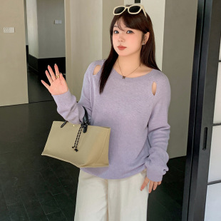 Plus Size Women's Cut Out Round Neck Top Women's Inner Knitwear 2025 Spring Fat mm Loose Long-Sleeved Knitwear 22711