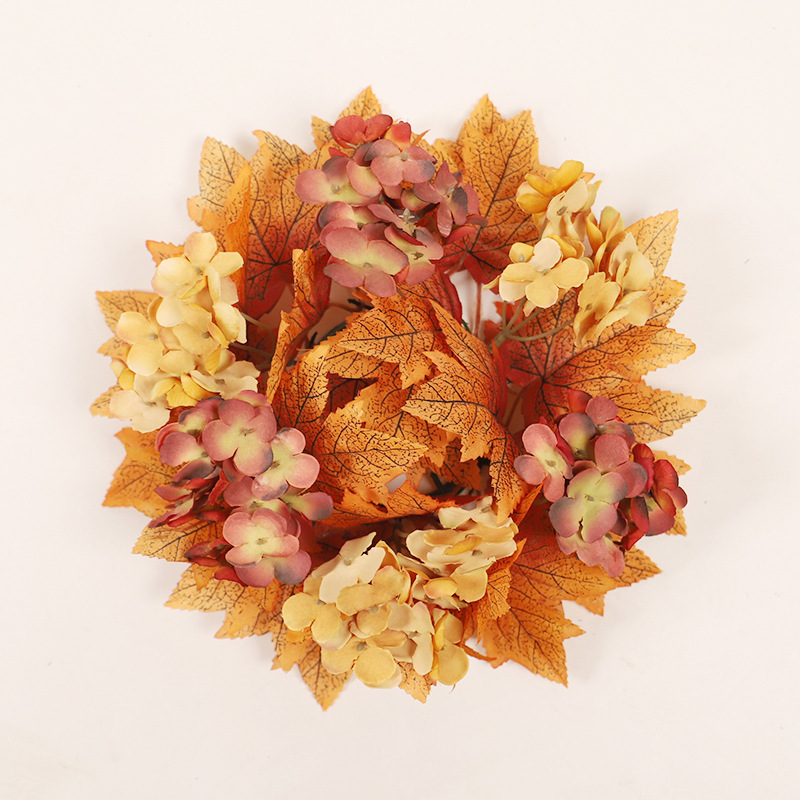 感謝祭の紅葉の小さな花輪キャンドルホルダー、家の休日の装飾、造花、カボチャの装飾、休日の用品|undefined