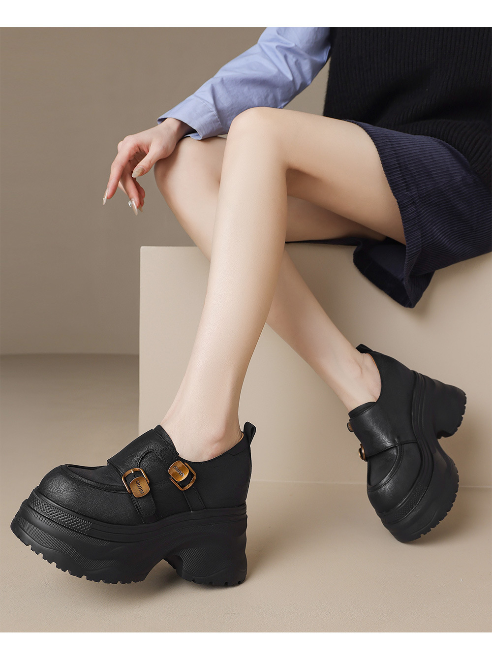 Giày loafer nữ đế xuồng cao 12 cm, miệng sâu cổ điển, khóa thắt lưng — Màu đen, Màu đen kaki chi tiết 7