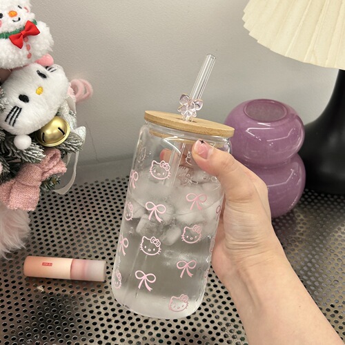 High Borosilicate Glass Cup Cartoon KT Cat with Lid and Bow Tie Straw Desk Convenient Bamboo Lid Cup Student Heat Resistant