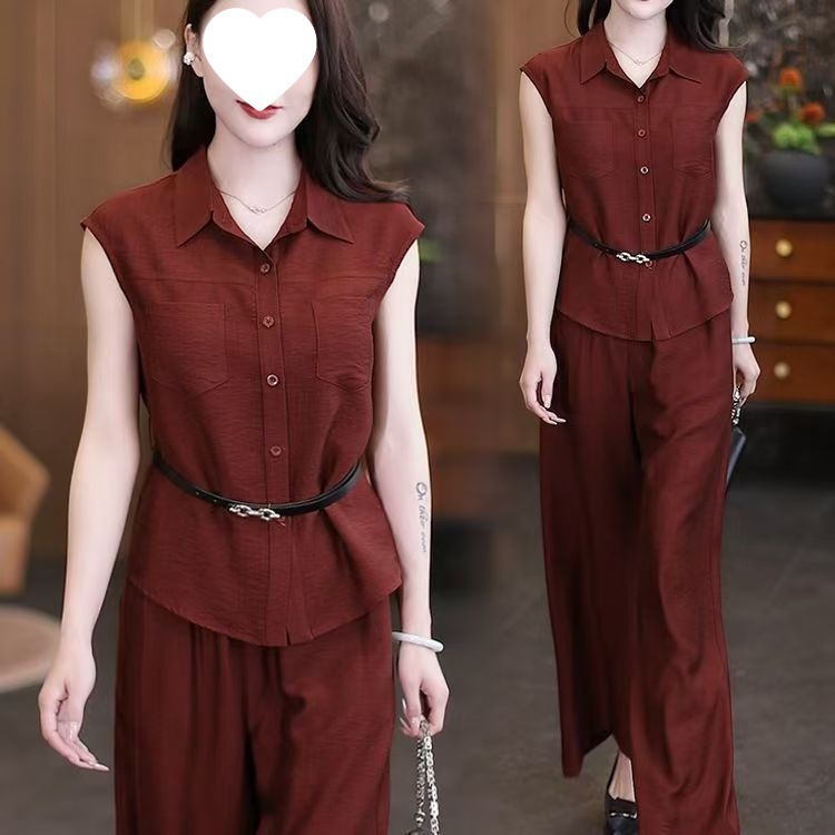 女性用ファッションスーツ2025夏新スタイル、おしゃれな体型カバー痩身シャツ、ワイドパンツ、気質大きいサイズツーピーストレンドセット|undefined