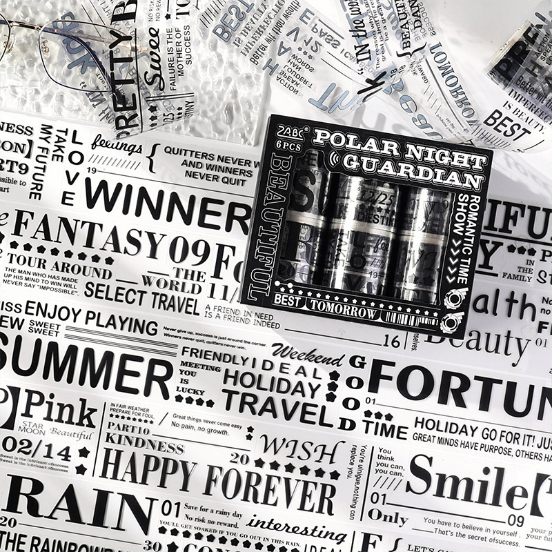 Inglés tinta película transparente impermeable pet cinta adhesiva caja diy diario pegatinas retro inglés pegatinas especiales de aceite