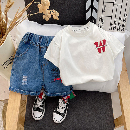 Boys summer suit  new style children's clothes baby boy letter short-sleeved two-piece set trendy summer clothes