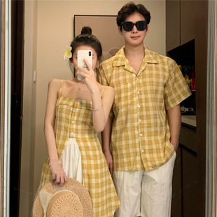 Korean Couple's Summer Plaid Dress Women's French Irregular Holiday Style Suspender Shirt Skirt Suit