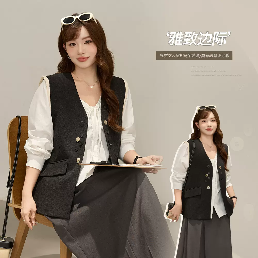 遮肉显瘦气质V领不对称撞色无袖上衣女胖mm大码女装宽松马夹65487