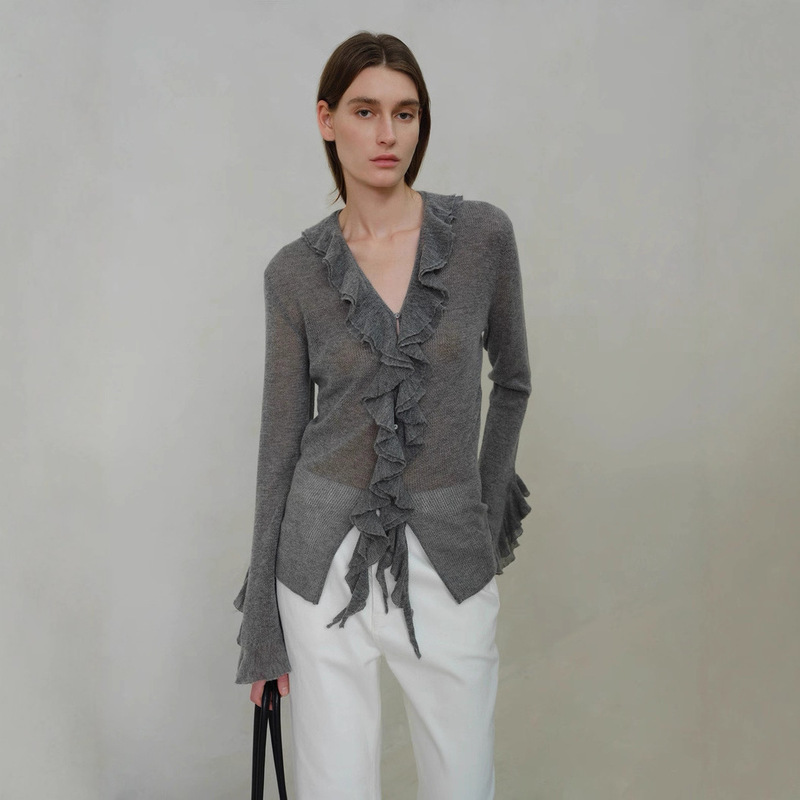 Autumn and Winter Style Asymmetrical Petal Edge Soft Mist Sweater with a Slightly See-Through Woolen Design, Stylish Cardigan with a V-Neck Knit Top for Layering