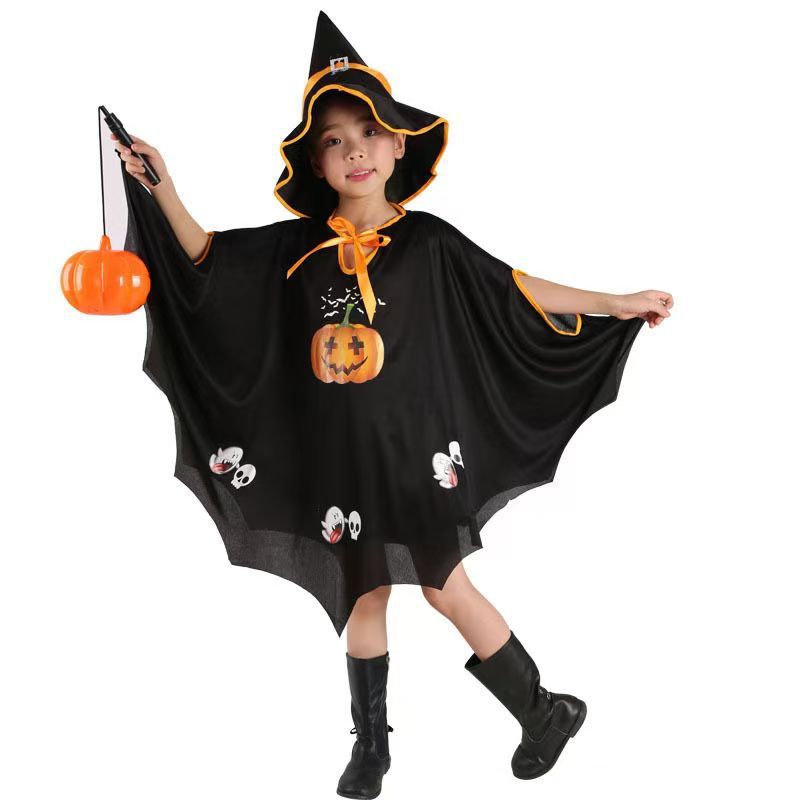 ハロウィンマジシャンカボチャマントスーツ子供の新しいコスプレ魔女マント帽子パフォーマンス衣装|undefined
