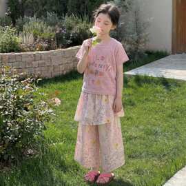 儿童粉色卡通印花短袖T恤女童夏季新款多巴胺穿搭屁帘裤套装