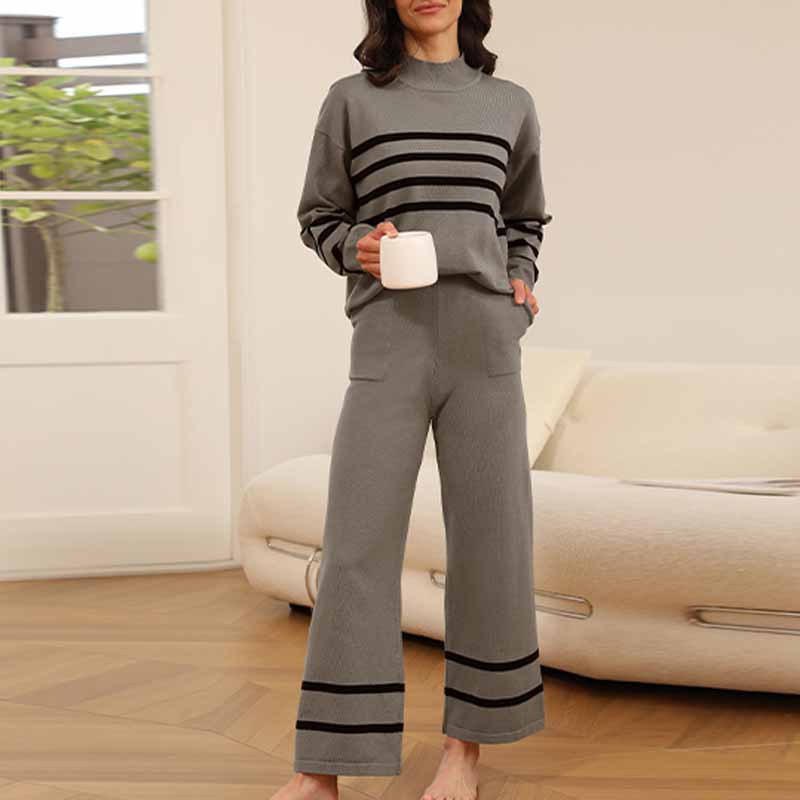 Strickset mit Kontraststreifen – Halb-Rollkragenpullover & Weite Hose (Oversized-Outfit)_voghion.com