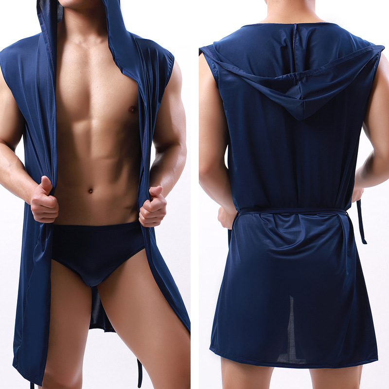 Cross-border European version men's bathrobe ice cool milk silky men's hooded sleeveless thin nightgown with underwear set