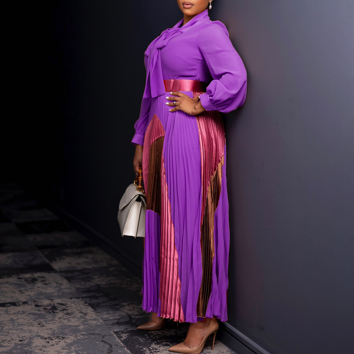 High Waist Waist Line Cocktail Party Occasion Wholesale Women's Elegant Belt Color Block Cocktail Party Shirt Collar Long Sleeve Sheath Dress