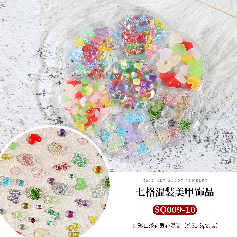 Seven-grid mixed Camellia nail jewelry bow flat diamond lollipop nail pequeña bola de acero Pearl Square Diamond