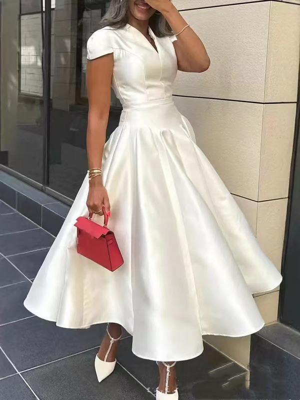 时尚减龄休闲纯色中长裙2025秋女装V领短袖收腰显瘦A摆连衣裙女|undefined