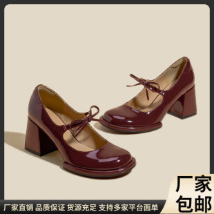 French style chunky heel high heels 2024 Spring and Autumn New Mary Jane shoes women's waterproof platform shallow mouth single-layer shoes bow