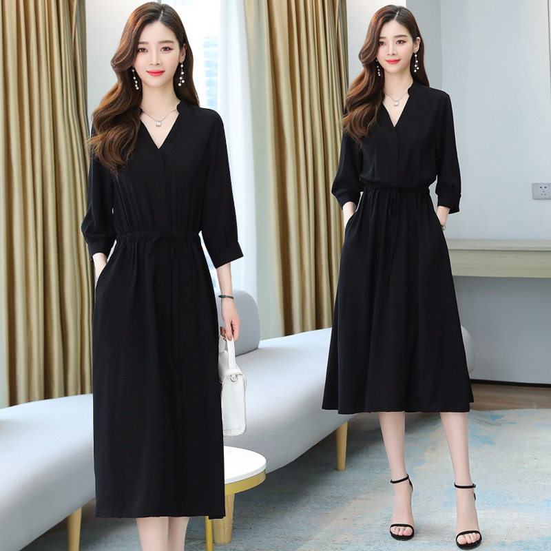 Chiffon Black V-Neck Dress for Women, New Summer Waist Slimming Look Casual Elegant, Belly-Covering French Long Skirt