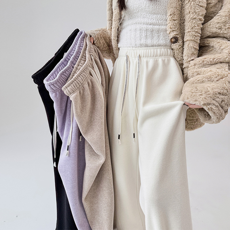 타로 퍼플 기모 넓은 다리 바지 여성용 겨울 두꺼운 양고기 벨벳 따뜻한 부드러운 찹쌀 바지 스트레이트 드로우 스트링 수건 바지