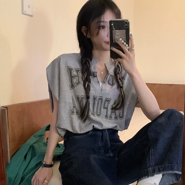 Свободный и универсальный жилет из двух частей с v-образным вырезом и принтом букв 3807 #