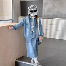 儿童春秋韩版新款牛仔配打底衫两件套外贸女童跨境工厂中大童套装