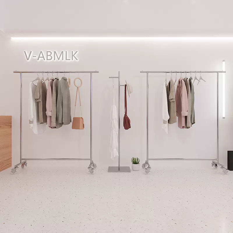 服装店展示架直播间不锈钢落地中岛架男女装店带轮子可移动挂衣架