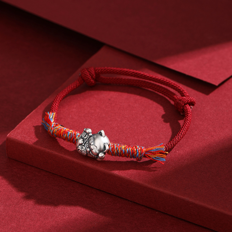 999 pie de plata adorable pulsera de gato de fortuna mujer tejida a mano cuerda roja ajustable este año de vida cuerda de mano regalo de Año Nuevo masculino