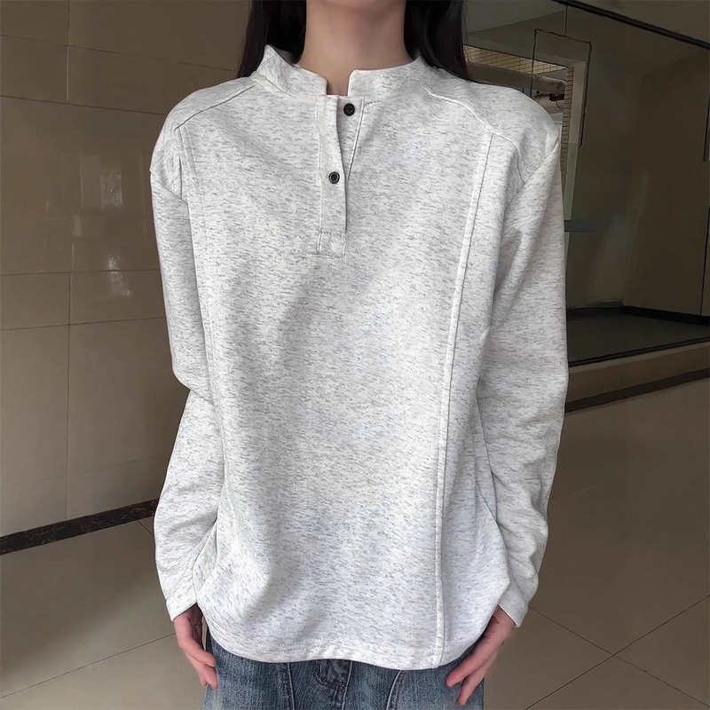 亨利领polo衫长袖t恤男款秋季拼接重磅无帽卫衣正肩白灰色打底衫|undefined