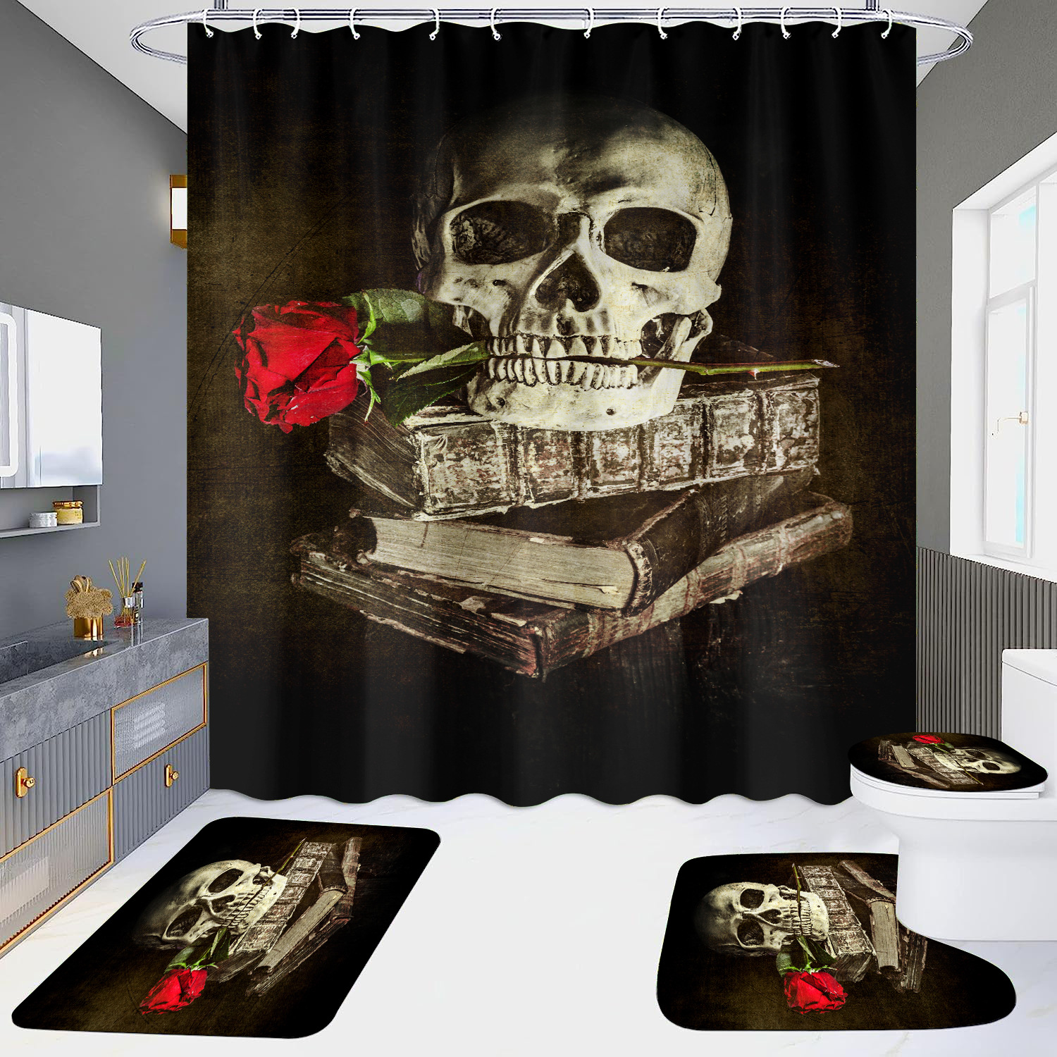 Cortina de ducha de suministro directo transfronterizo conjunto de cuatro piezas hd impermeable sin perforaciones baño hotel baño partición cortina wansheng cráneo