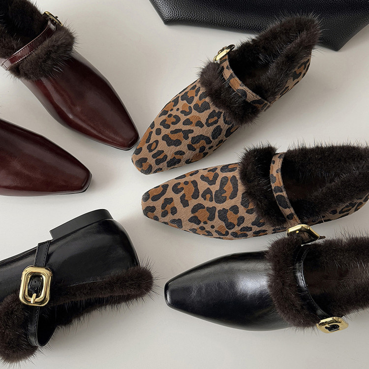 博主穿搭~真皮法式气质方头内增高兔毛毛玛丽珍鞋冬季加绒单鞋女