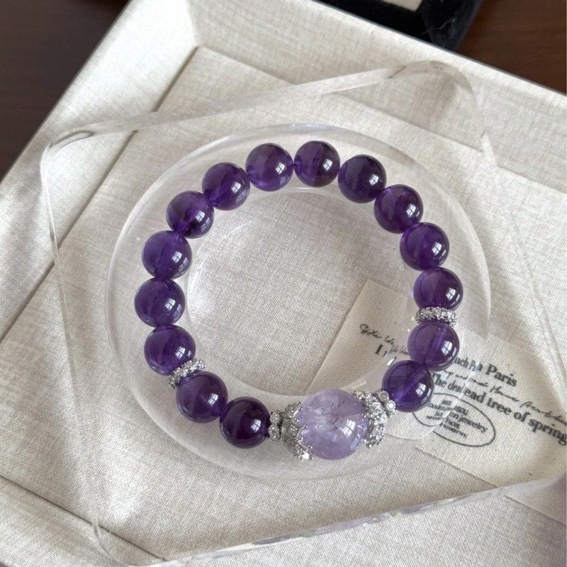 幸柿|天然乌拉圭紫水晶12mm薰衣草紫晶S925花托女生轻奢高级手串|undefined