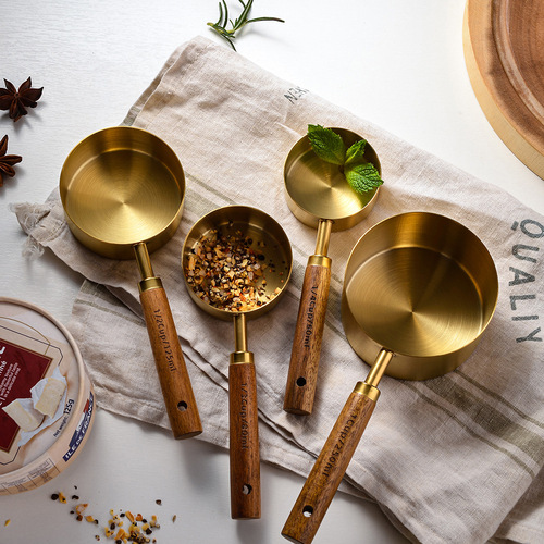 Gold-plated stainless steel measuring cup measuring spoon acacia wood handle measuring spoon measuring tool eight-piece set kitchen baking tools