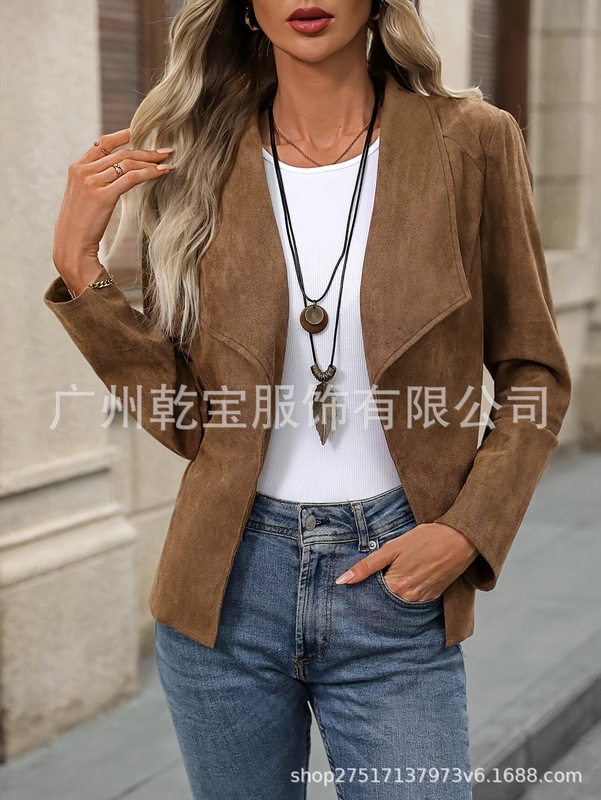 2025新款跨境外贸欧美女装纯色西装翻领无扣修身时尚外套开衫上衣|undefined