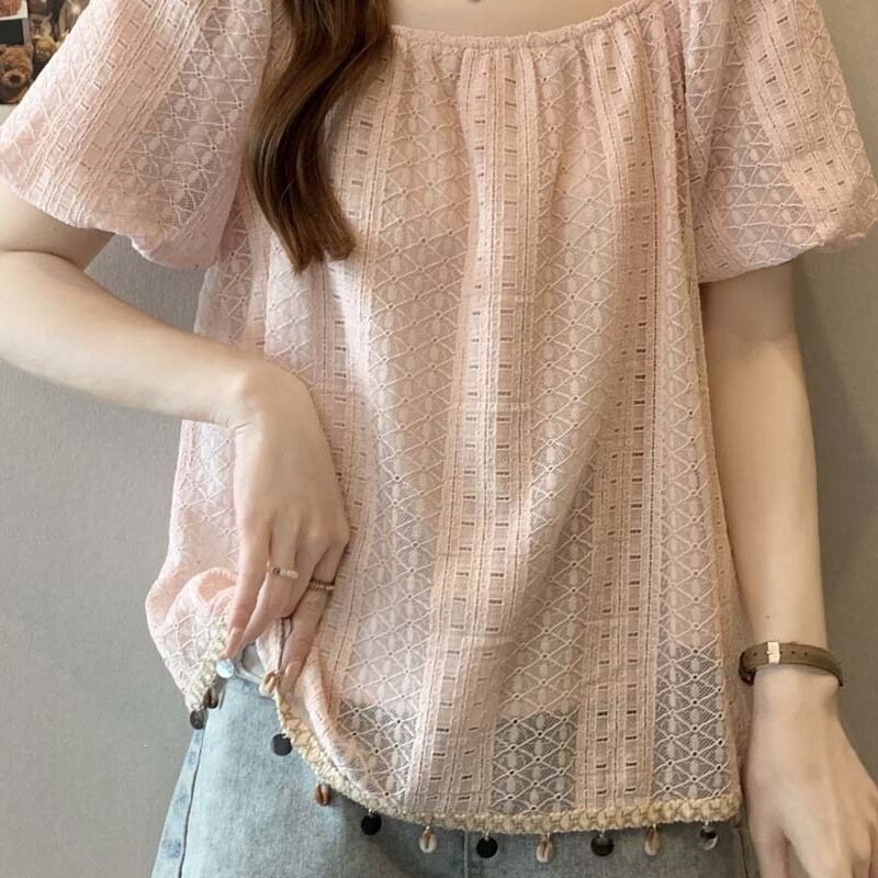 Lace Puff Short-Sleeve Shirt for Women, Summer 2026 New Design, Tassel Top, French Versatile Square-Neck Blouse Lace Puff Short-Sleeve Shirt for Women, Summer 2026 New Design, Tassel Top, French Versatile Square-Neck Blouse